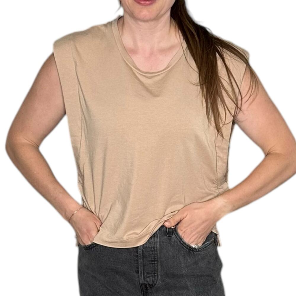 CUYANA Tan Brown Cropped Boxy‎ Tank Top Side Cut Outs Women's Size Medium Summer